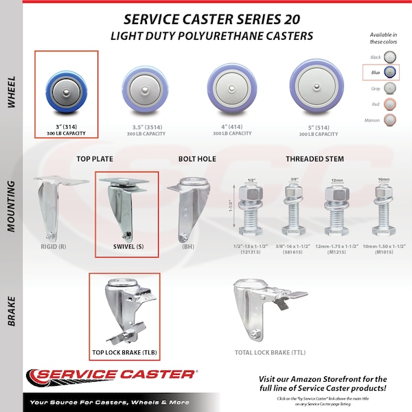 3 Inch Blue Polyurethane Wheel Swivel Top Plate Caster with Brake